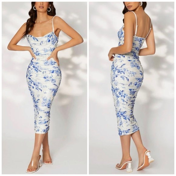 SHEIN Dresses & Skirts - SHEIN Floral Ruched Mesh Tulle Cami Bodycon Midi Dress in Blue and White